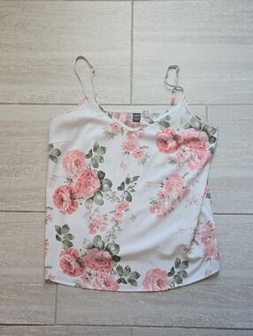 SHEIN White Floral Satin Cami with Pink Rose Print